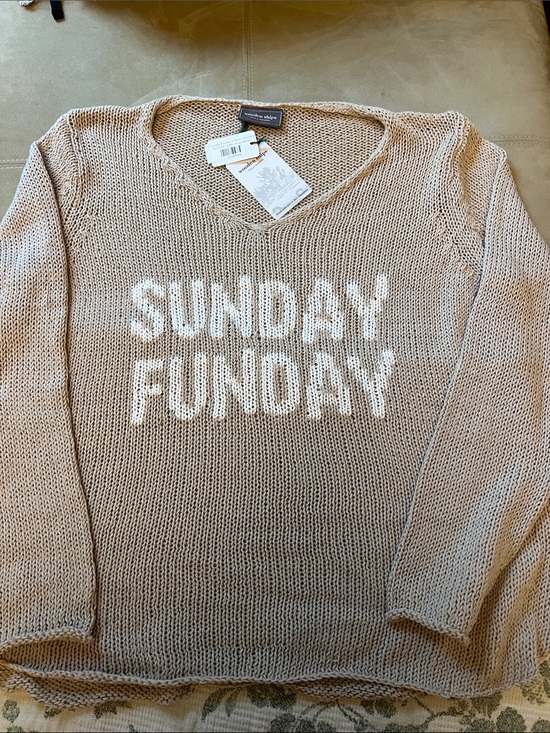 Wooden Ships Sweaters - Wooden Ships Beige V-Neck Knit Sweater with White 'SUNDAY FUNDAY' Text